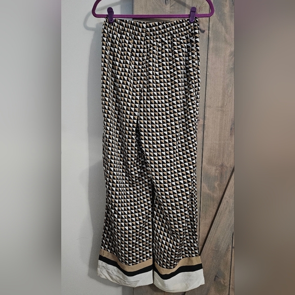 H&M Twill Satin Drawstring Wide Leg Patterened Trouser In Beige/black. Size SM - Picture 6 of 16